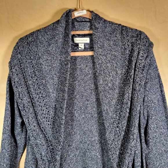 Charter Club Blue Multi Knit Open Cardigan Wide Collar Sweater Women Size M - Picture 7 of 10